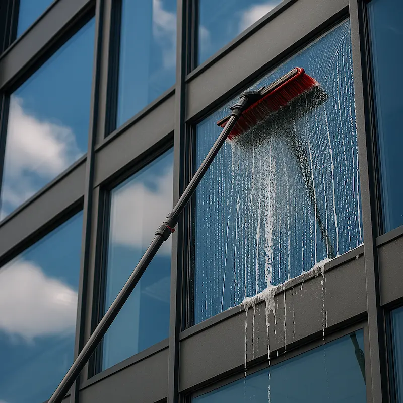 Specjalista MKM Service myjący wysoką elewację budynku